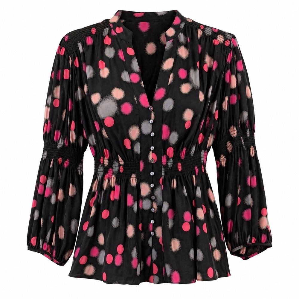 Diane Von Furstenberg Silk Blend Baby Doll Peplum Top Size 6 Black Multi-Color